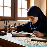 ** A bustling restoration workshop filled with traditional tools (chisels, brushes, mortars) and modern equipment (analyzing devices). Focus on a skilled conservator, wearing a headscarf, meticulously repairing an intricate mosaic panel depicting Islamic geometric patterns. Soft, natural light streams through a window, illuminating the scene. In the background, Arabic calligraphy tools are visible.

**