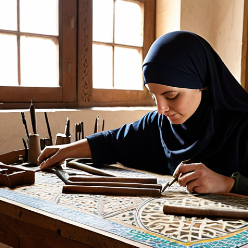 Home 22 ** A bustling restoration workshop filled with traditional tools (chisels, brushes, mortars) and modern equipment (analyzing devices). Focus on a skilled conservator, wearing a headscarf, meticulously repairing an intricate mosaic panel depicting Islamic geometric patterns. Soft, natural light streams through a window, illuminating the scene. In the background, Arabic calligraphy tools are visible.
**