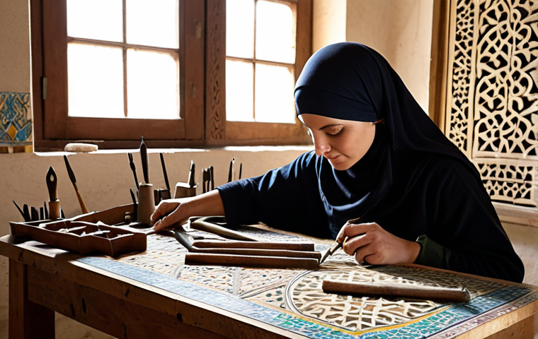 ** A bustling restoration workshop filled with traditional tools (chisels, brushes, mortars) and modern equipment (analyzing devices). Focus on a skilled conservator, wearing a headscarf, meticulously repairing an intricate mosaic panel depicting Islamic geometric patterns. Soft, natural light streams through a window, illuminating the scene. In the background, Arabic calligraphy tools are visible.

**
