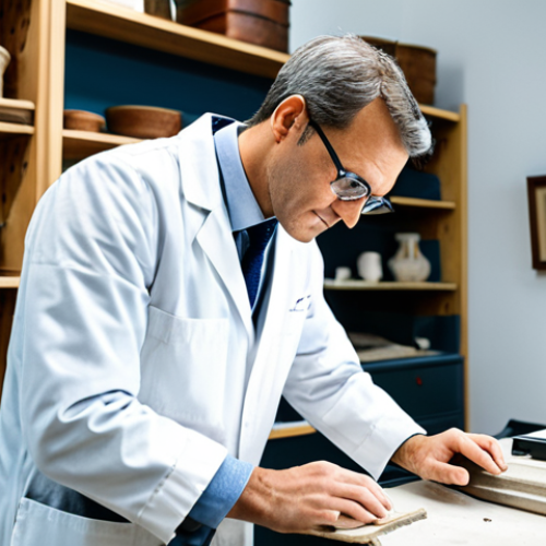 Home 21 A highly skilled male heritage conservator in a modest lab coat and professional trousers, meticulously examining a delicate ancient ceramic fragment with a magnifying glass in his left hand, while his right hand hovers over a cutting-edge 3D laser scanner, in a well-equipped, brightly lit conservation studio. The background features shelves with historical artifacts, traditional restoration tools, and multiple digital monitors displaying intricate data. fully clothed, appropriate attire, safe for work, professional, perfect anatomy, correct proportions, natural pose, well-formed hands, proper finger count, natural body proportions, high quality, professional photography.
