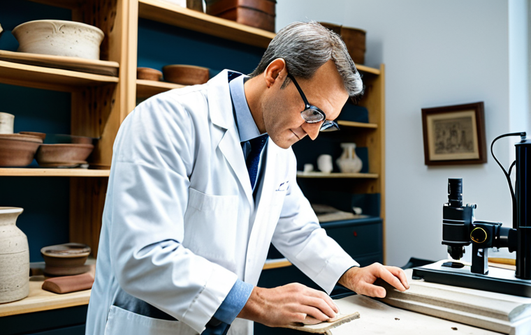A highly skilled male heritage conservator in a modest lab coat and professional trousers, meticulously examining a delicate ancient ceramic fragment with a magnifying glass in his left hand, while his right hand hovers over a cutting-edge 3D laser scanner, in a well-equipped, brightly lit conservation studio. The background features shelves with historical artifacts, traditional restoration tools, and multiple digital monitors displaying intricate data. fully clothed, appropriate attire, safe for work, professional, perfect anatomy, correct proportions, natural pose, well-formed hands, proper finger count, natural body proportions, high quality, professional photography.