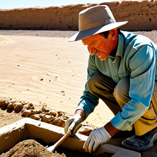 Home 20 **
"A professional archaeologist, fully clothed in modest field attire (khaki pants, long-sleeved shirt, hat), carefully brushes dirt from a newly discovered artifact in a desert excavation site. The scene is brightly lit by the sun. Safe for work, appropriate content, perfect anatomy, correct proportions, professional, family-friendly, well-formed hands, proper finger count, natural pose."
**