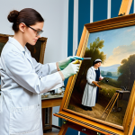 **Subject:** A professional female art conservator in a well-lit restoration studio, carefully cleaning an antique oil painting with delicate tools. **Clothing:** Fully clothed in a lab coat and safety glasses, with modest attire underneath. **Environment:** Studio filled with art supplies, easels, and restored artwork. **Quality Modifiers:** High-resolution, realistic, perfect anatomy, professional lighting, safe for work, appropriate content.