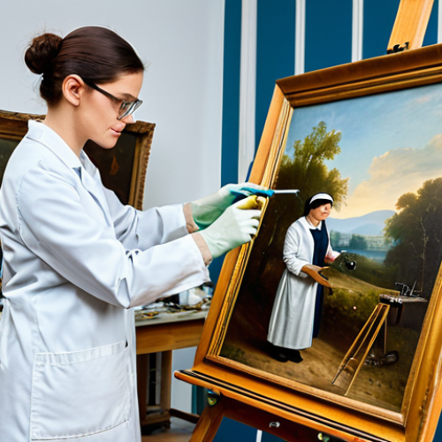 Home 11 **Subject:** A professional female art conservator in a well-lit restoration studio, carefully cleaning an antique oil painting with delicate tools. **Clothing:** Fully clothed in a lab coat and safety glasses, with modest attire underneath. **Environment:** Studio filled with art supplies, easels, and restored artwork. **Quality Modifiers:** High-resolution, realistic, perfect anatomy, professional lighting, safe for work, appropriate content.