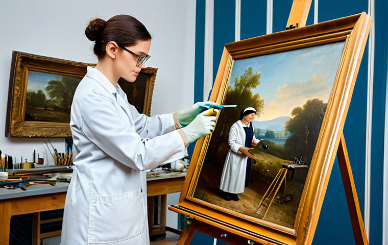 **Subject:** A professional female art conservator in a well-lit restoration studio, carefully cleaning an antique oil painting with delicate tools. **Clothing:** Fully clothed in a lab coat and safety glasses, with modest attire underneath. **Environment:** Studio filled with art supplies, easels, and restored artwork. **Quality Modifiers:** High-resolution, realistic, perfect anatomy, professional lighting, safe for work, appropriate content.