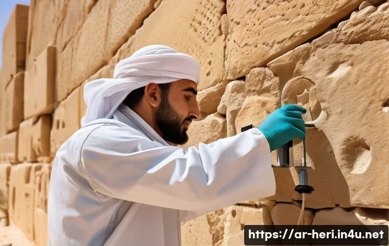 문화재수리기술자 현장 경험 중요성 - A detailed scene of a skilled conservation technician working at an ancient cultural heritage site i...