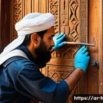 문화재수리기술자 현장 실습 경험담 - A skilled restoration technician carefully working on an ancient wooden door in a historic Middle Ea...