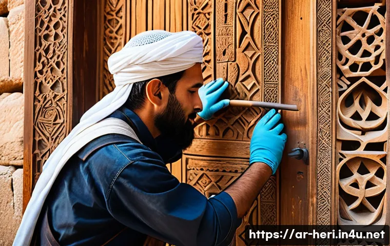 문화재수리기술자 현장 실습 경험담 - A skilled restoration technician carefully working on an ancient wooden door in a historic Middle Ea...