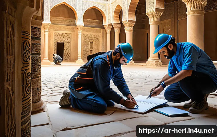 문화재수리기술자 현장 기록의 중요성 - A detailed scene of a multidisciplinary heritage restoration team working collaboratively on-site in...