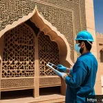 문화재수리기술자 자격 취득을 위한 학습 자료 - A detailed scene of an expert conservator carefully restoring an ancient Islamic architectural facad...