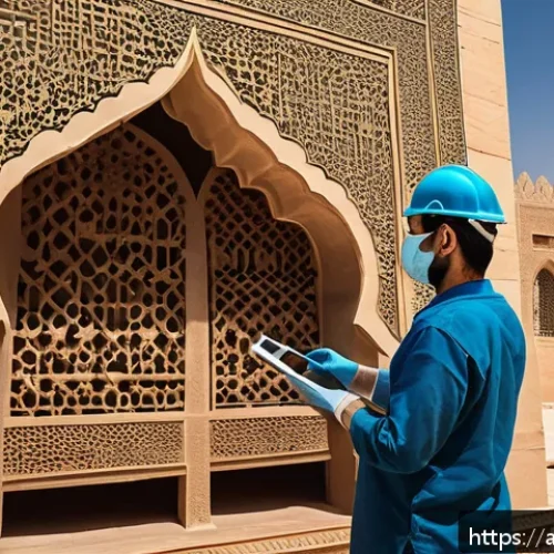 문화재수리기술자 자격 취득을 위한 학습 자료 - A detailed scene of an expert conservator carefully restoring an ancient Islamic architectural facad...