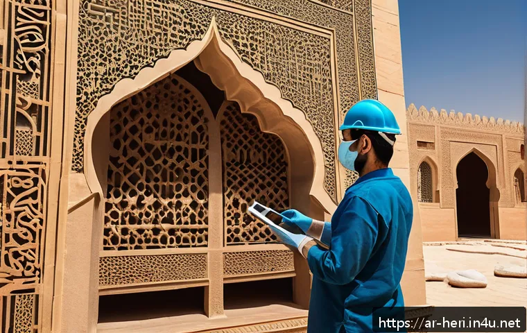 문화재수리기술자 자격 취득을 위한 학습 자료 - A detailed scene of an expert conservator carefully restoring an ancient Islamic architectural facad...