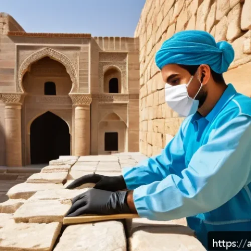 문화재수리기술자 자격증 관련 법적 책임 - A skilled heritage restoration specialist in traditional Middle Eastern attire, wearing protective g...