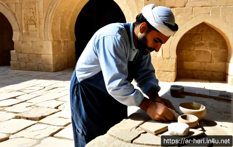 문화재수리기술자 실기시험 사례 분석 - Photorealistic practical heritage restoration examination inside a historic Middle Eastern stone cou...