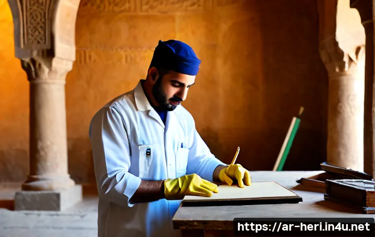 문화재수리기술자 이직 시 고려할 점 - Photorealistic career-transition scene inside a sunlit Middle Eastern heritage restoration workshop,...